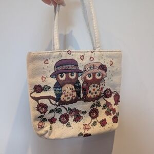 Charming Owl Print Small Tote Bag - Cream